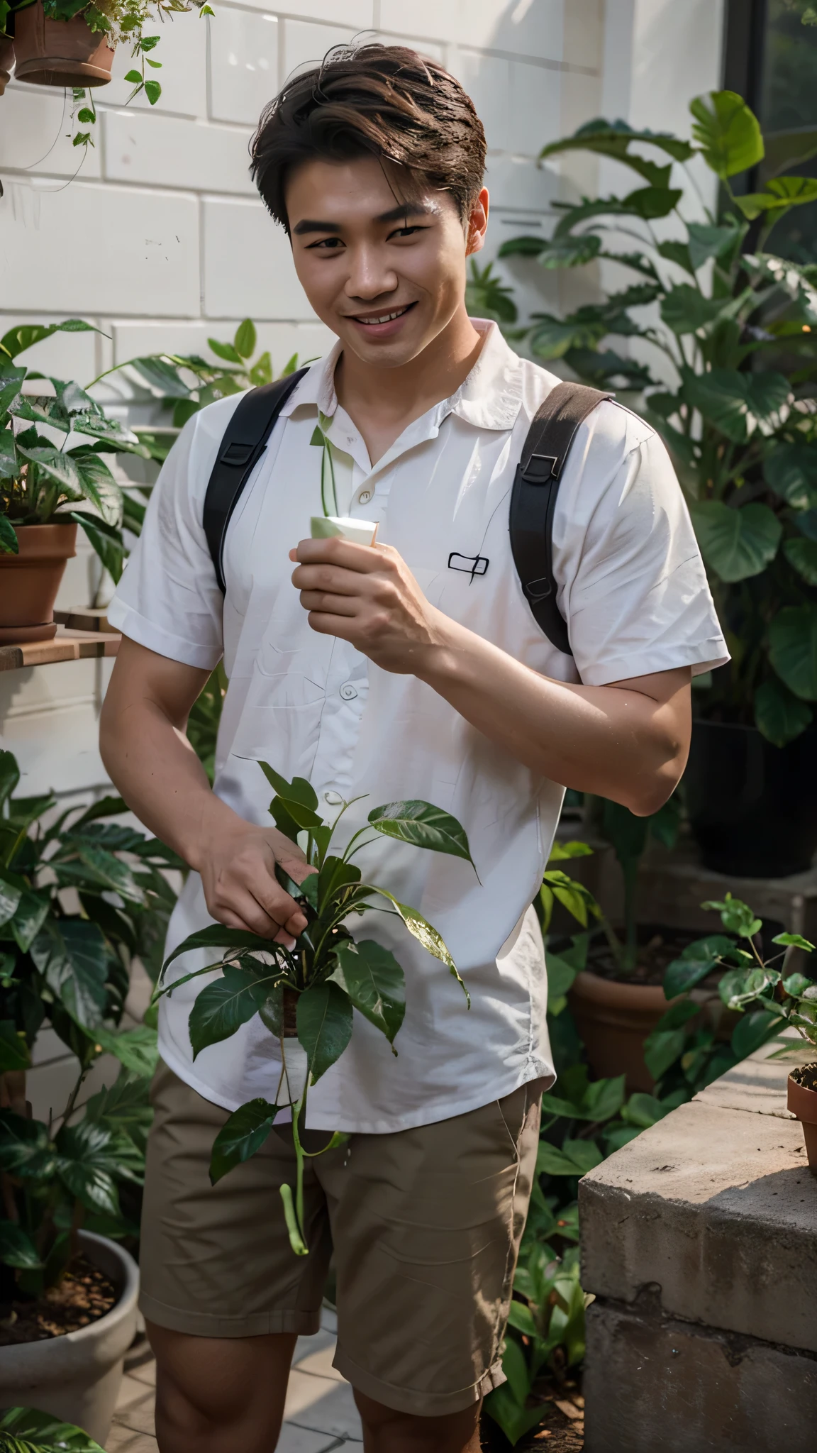 Realistic photography, 8k , handsome young chinese man , watering the plant, smile