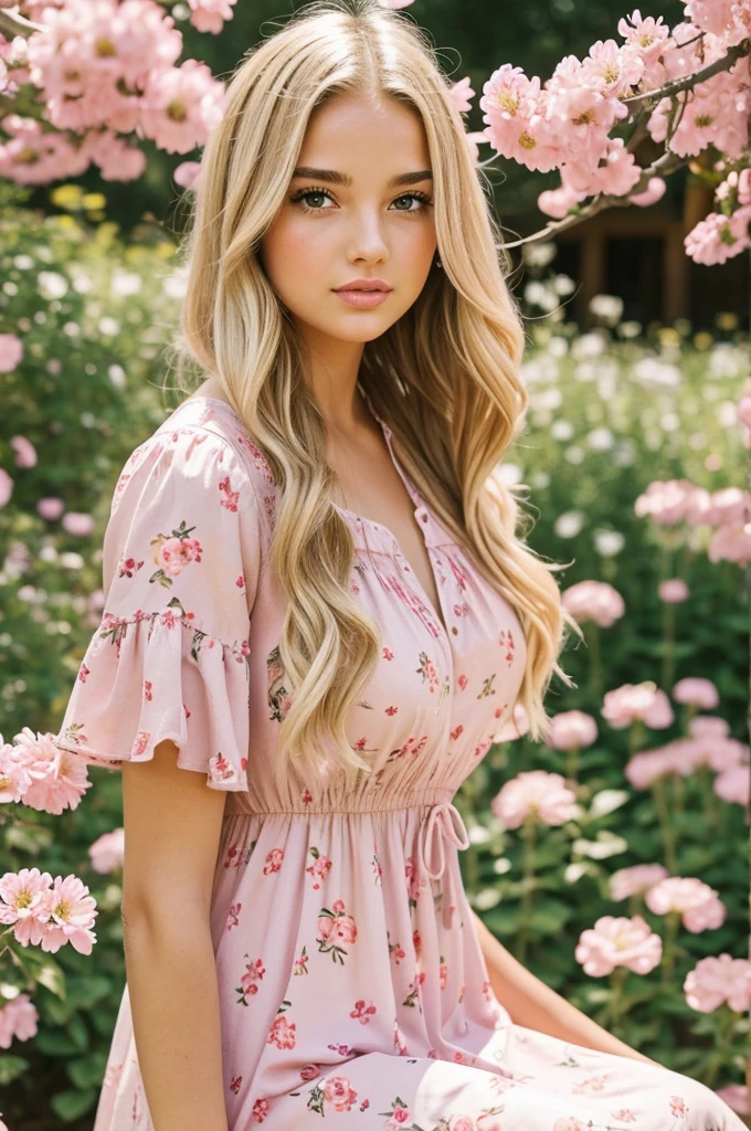 Girl in a summer dress with flowers, blonde, plump pink lips