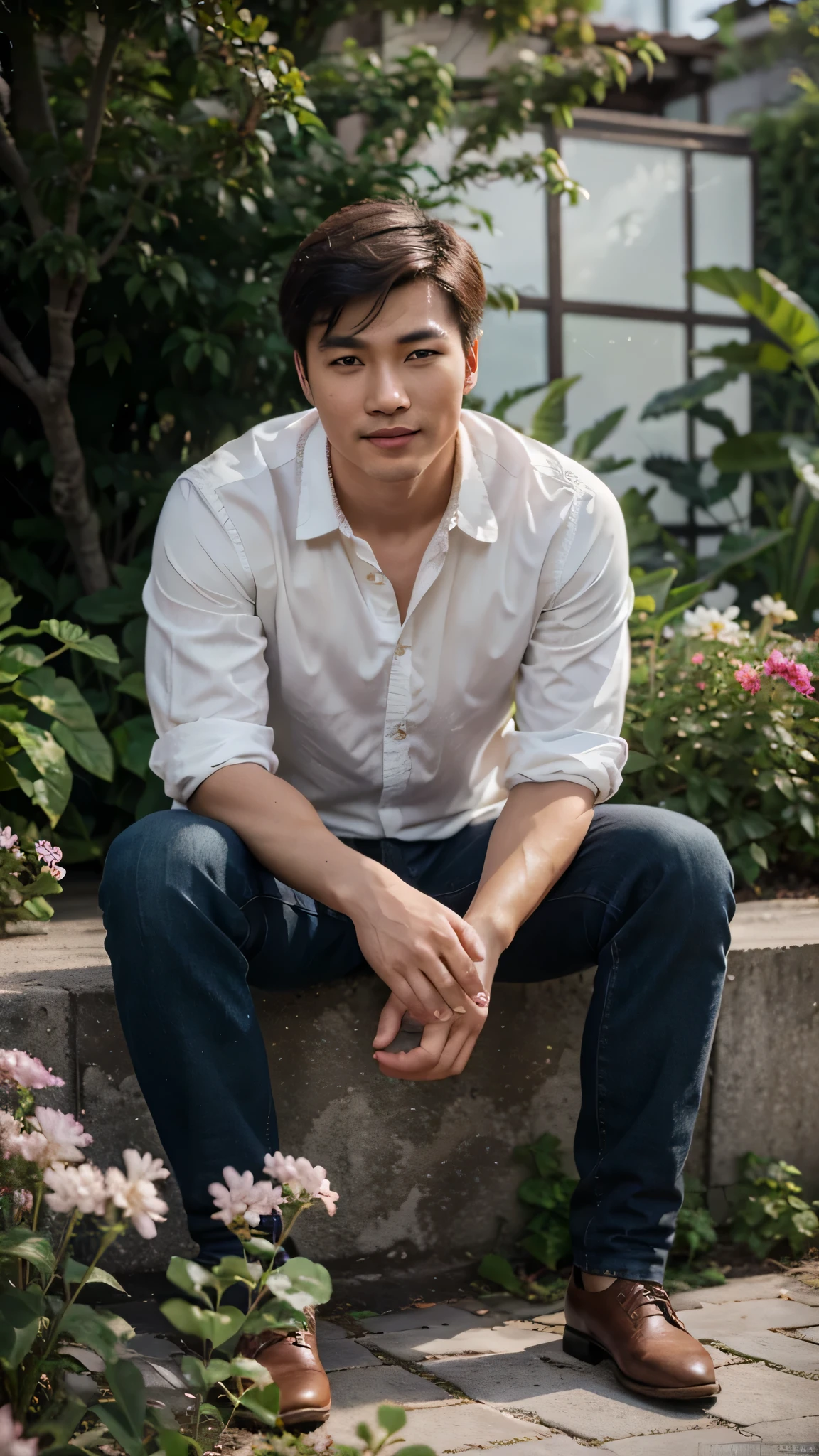 Realistic photography, 8k , handsome young chinese man , sitting in the flower garden, smirk