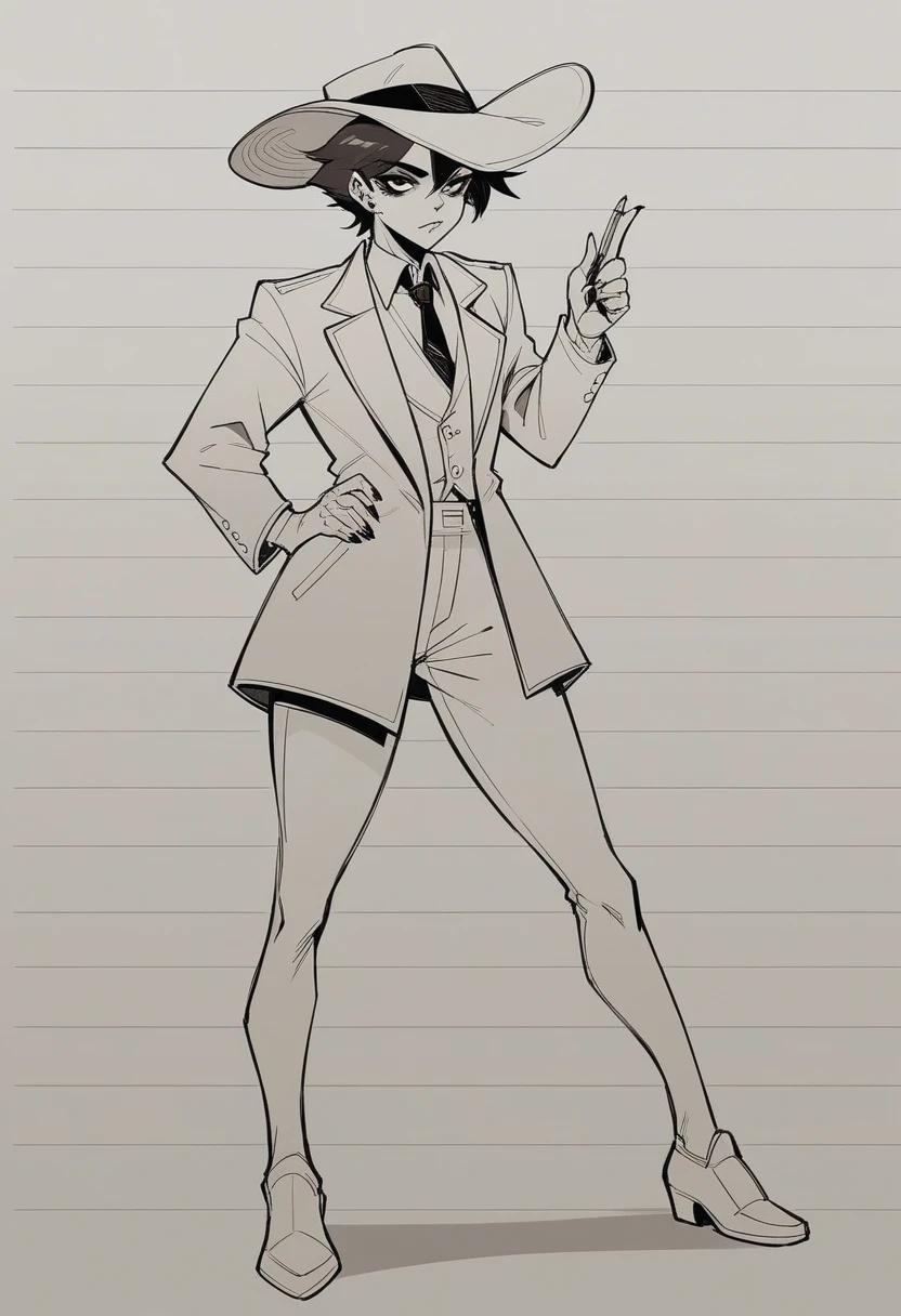 drawing of a woman in a hat and tie with a jacket and tie, girl in suit, girl in a suit, full body character drawing, full body drawing, clear outfit design, mid body portrait, hand on hips, tall female emo art student, full body portrait of a short!, character posing for concept art, character design sketch, subject detail: wearing a suit
