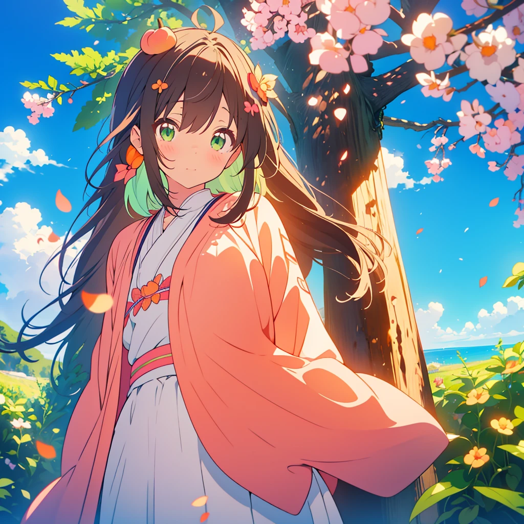 kawaii, anime, Cute, hyper quality, highly detailed, 8k, Clarity, dark brown long hair, green eyes, Stinking eyes, peek out one's face, leaning forward, upper body, Draw facial expressions in detail, upward glance, bite a peach, peach tree, heaven, Celestial maiden's robe, eat a peach with your mouth open, big peach tree, blue sky, a rainbow appears, eating movement,