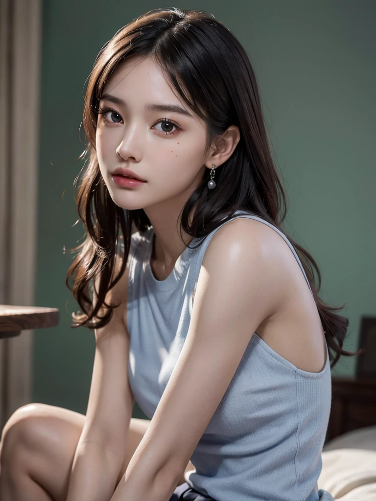 absurdres, RAW photo, extremely delicate and beautiful, masterpiece, Best Quality, ultra high resolution, 32k, hyperrealistic, ultra-detailed, perfect anatomy, super Detailed skin, perfect figure, Super Beauty, Perfect Style, Perfect balance, Beautiful Lighting, Perfect Lightning, Realistic Shadows, 20 years old, very Slim body, narrow waist, very small head, very small face, delicate facial features, handsome detailed woman, very detailed eyes and face, realistic face proportions, Realistic beautiful face, Realistic beautiful eyes, tearful mole, earring, very huge round breasts, legs, medium hair, asymmetrical hair, (full body shot), indoor, (school_uniform), sleeveless, whole legs,