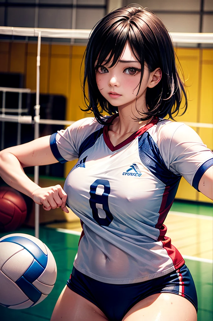 Browsing Caution,Highest quality、In 8K、masterpiece、Hmph、Ultra-high resolution、RAW Photos、(Realistic:1.3)、Natural soft light、(Written boundary depth)、thin、(whole body:1.2)、From behind、Detailed face and eyes、Realistic student、Sharp pupils、Inside the gym、(Dynamic action poses、play volleyball)、Beautiful Face、Beautiful girl 36 years old、Glowing Skin、Shortcuts、Beautiful black hair、Red Eye、(blush:0.7)、Embarrassed face、Sweat、Volleyball Uniforms、(Thighs Thighs Thighs Thighs:0.8)、Hip、Huge breasts:1.5