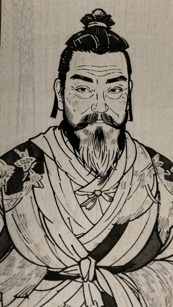 (((whole body))),((Monochrome)),(((Ink Painting))),Oriental、Men in ancient Chinese costumes、(ancient chinese hairstyle male)、As seen in the Romance of the Three Kingdoms々military commander、Highest quality、masterpiece、Ultra-high resolution、(Realistic:1.4)、Game Poster、Crisp and beautiful image quality、beard、Embroidered cloth wrapped around a bun、whole body ,(Skin of color, ),(beard):1.2), (Very detailed, bloom:1.5), (Highest quality, Concept Art, 4K), (analog:1.2), (high sharpness), (Detailed pupil:1.1), Detailed face and eyes, masterpiece, Highest quality, (Very detailed photos:1.1), 8k, (Dynamic Short Hair), (PurerosFace_v1:0.2), [:(Detailed face:1.2):0.2], sharp, Shadow, 