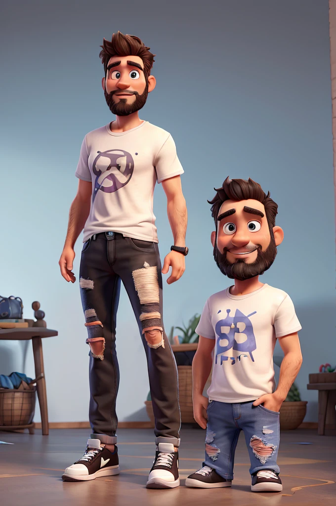 Man 38 years old, skin fair, Patchy Beard, Messy hair,
with white t-shirt, Ripped jeans, black sneakers, disney pixar 3d style, 16K