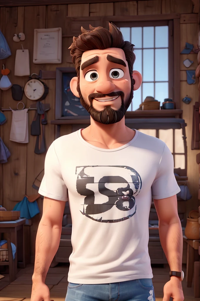 Man 38 years old, skin fair, Patchy Beard, Messy hair,
with white t-shirt, Ripped jeans, black sneakers, disney pixar 3d style, 16K