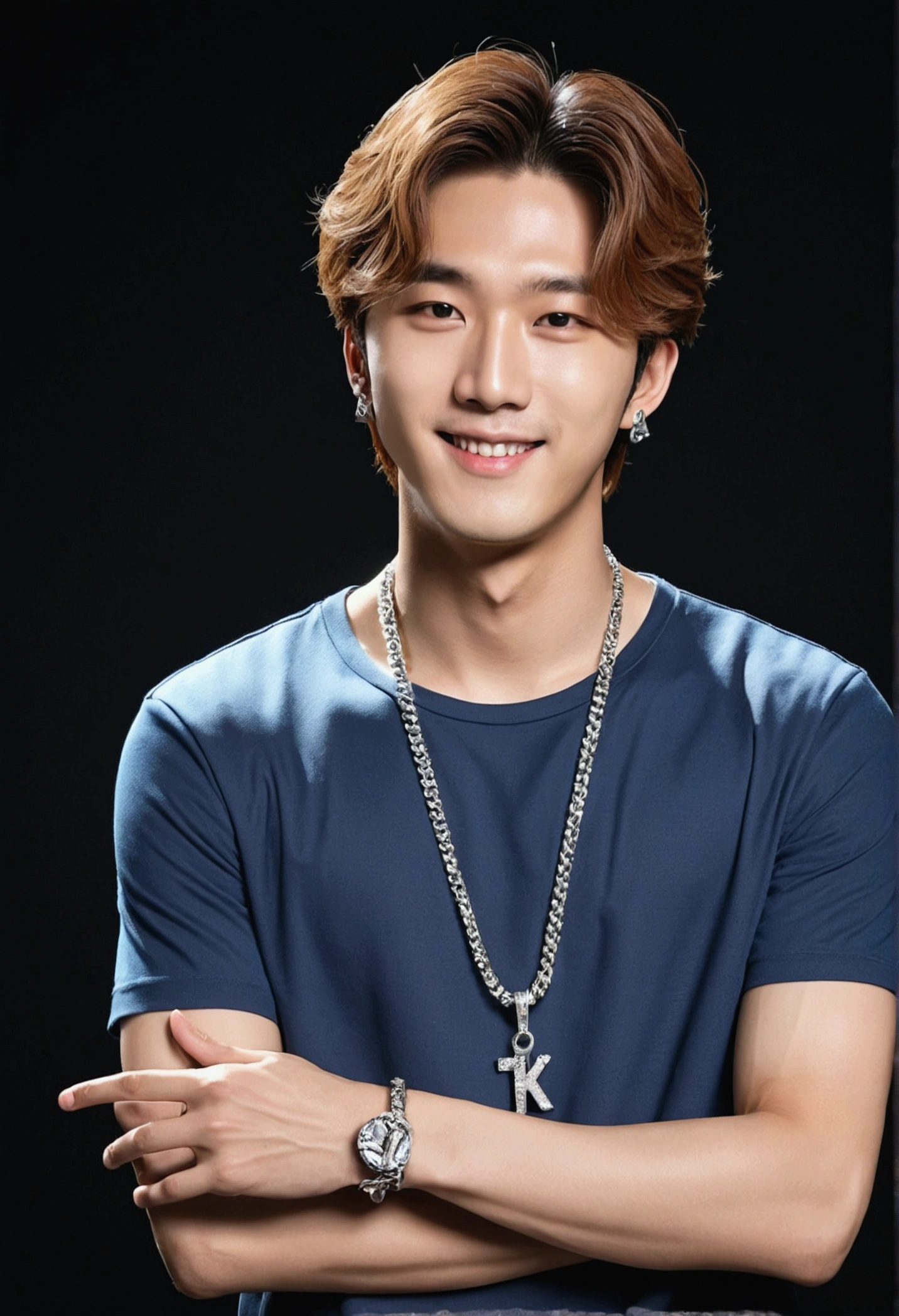 Masterpiece of photography, a Korean idol K-pop, look handsomeman and cool, straight hair, wear fashion platinum necklace, little smile, wear casual clothes, raised hand up to stop sign, on black gradient background, high detail, photorealism