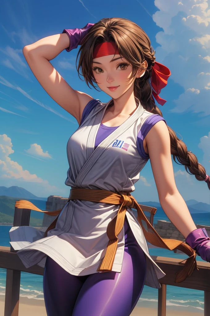 perfect eyes:1.2, detailed eyes:1.4, yurims, headband, ass, blue pantyhose, braided ponytail, brown hair, brown eyes, smile, dougi, spandex, gloves, fingerless gloves, leggings, cowboy shot, 1girl, solo, (masterpiece:1.6, best quality), 8k, insane details, intricate details, hyperdetailed, hyper quality, high detail, ultra detailed, professional, HDR, ray tracing reflection, cinematic lighting,
