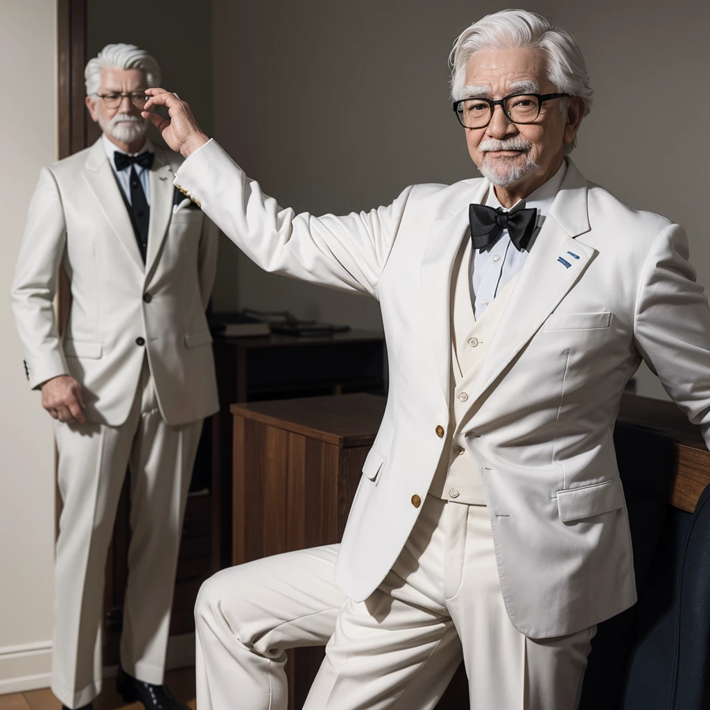 Create a detailed 3D statue of Colonel Harland David Sanders, the founder of KFC, depicted at approximately 35 years old. The statue should show him in his iconic white suit with a black bowtie, black shoes, and wearing black glasses. Despite his younger age, he should have white hair and a goatee. His expression should be cheerful with a broad smile. Materials and characteristics of the statue: Made of ceramic
Realistic and highly detailed portrayal
Skin tone resembling real-life coloration
Mounted on a round white base
Use Adobe Firefly to render the sculpture with realistic and detailed features.