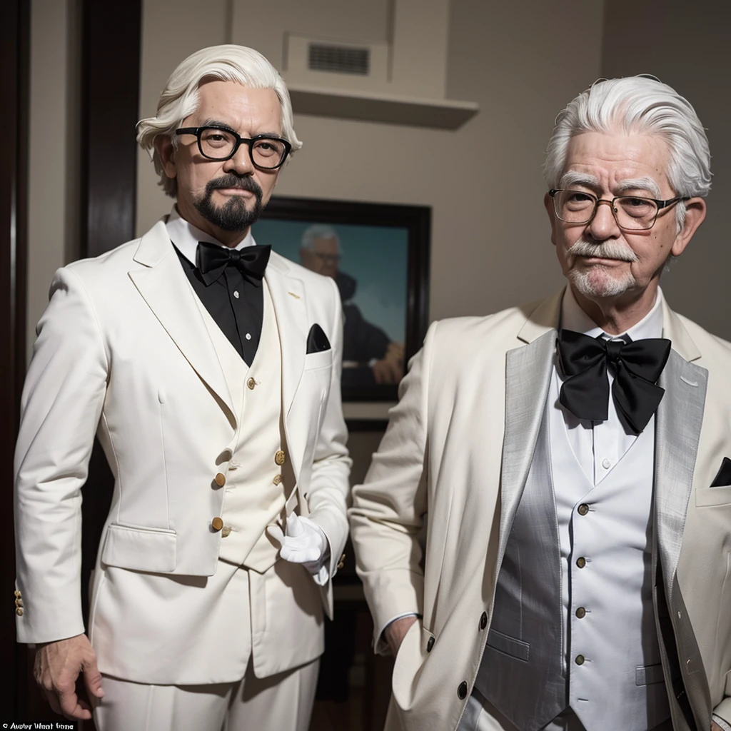 Create a detailed 3D statue of Colonel Harland David Sanders, the founder of KFC, depicted at approximately 35 years old. The statue should show him in his iconic white suit with a black bowtie, black shoes, and wearing black glasses. Despite his younger age, he should have white hair and a goatee. His expression should be cheerful with a broad smile. Materials and characteristics of the statue: Made of ceramic
Realistic and highly detailed portrayal
Skin tone resembling real-life coloration
Mounted on a round white base
Use Adobe Firefly to render the sculpture with realistic and detailed features.