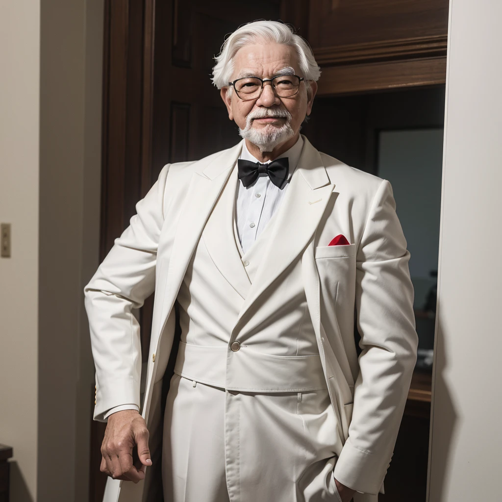 Create a detailed 3D statue of Colonel Harland David Sanders, the founder of KFC, depicted at approximately 35 years old. The statue should show him in his iconic white suit with a black bowtie, black shoes, and wearing black glasses. Despite his younger age, he should have white hair and a goatee. His expression should be cheerful with a broad smile. Materials and characteristics of the statue: Made of ceramic
Realistic and highly detailed portrayal
Skin tone resembling real-life coloration
Mounted on a round white base
Use Adobe Firefly to render the sculpture with realistic and detailed features.