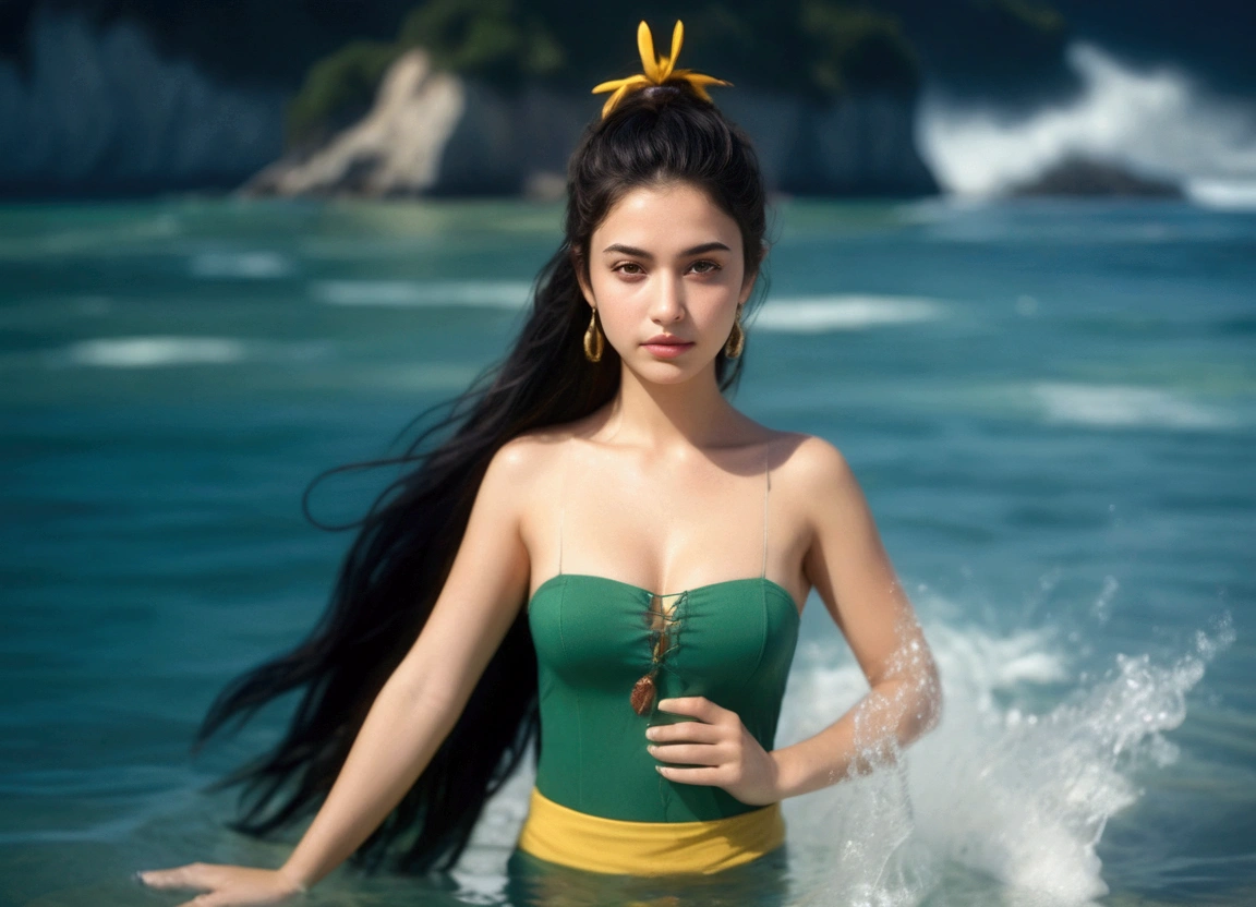 cinematic photo of cinematic photo of Girl with black hair and brown eyes, natural huge breast, show big thigh, plump body, standing partially submerged in the ocean on a beach with a blurry background, under the bright daylight with a photorealistic style, gazing at the viewer, wearing no outwear, alone with the water around her, with a focus on her forehead, nose, and lips, giving a realistic depth of field effect, 35mm photograph, film, bokeh, professional, 4k, highly detailed