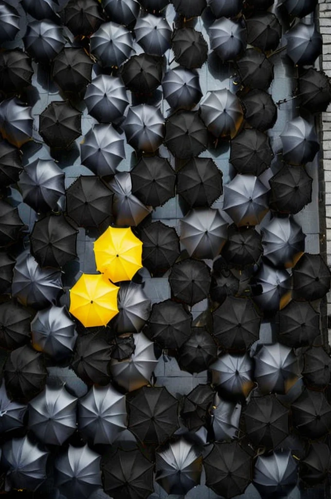 a close up of a yellow umbrella in a group of black guarda-chuvas, Preto e amarelo colors, Preto e amarelo, amarelo e preto, surreal Preto e amarelo, Preto e amarelo color scheme, amarelo e preto color scheme, guarda-chuvas, amarelos e pretos, amarelo e carvão, a loucura do mono-amarelo, people with guarda-chuvas, foto vencedora do concurso unsplash, cores contrastantes