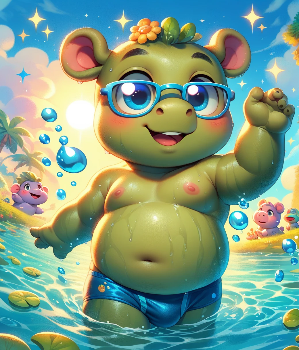 (cute, chubby, hippo cub), chibi, nude, blue eyes, (((blue swim briefs))), hippo ears, blush, smile, open mouth, male focus, day, cloud, water, wet, sparkle, sunglasses, partially submerged, sun, detailxl 