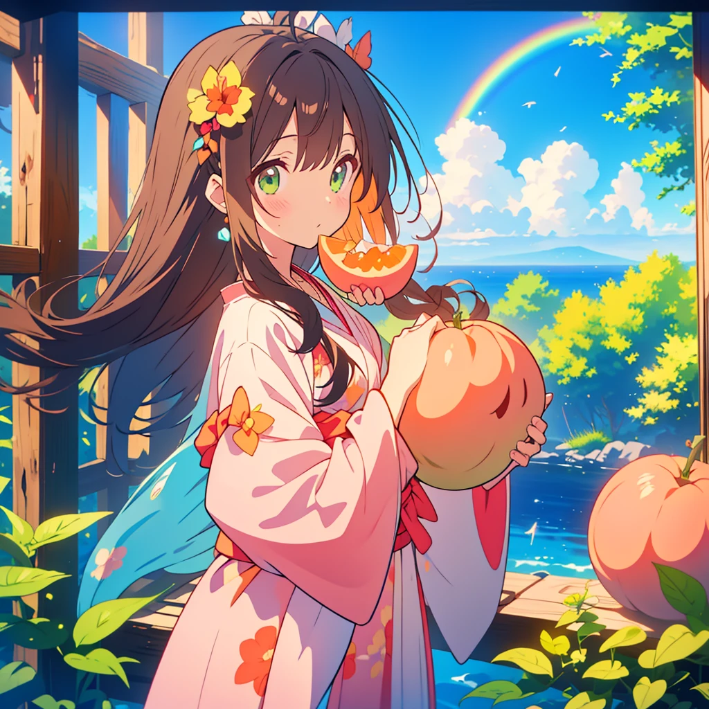 kawaii, anime, Cute, hyper quality, highly detailed, 8k, Clarity, dark brown long hair, green eyes, Stinking eyes, peek out one's face, leaning forward, upper body, Draw facial expressions in detail, upward glance, bite a peach, peach tree, heaven, Celestial maiden's robe, eat a peach with your mouth open, big peach tree, blue sky, a rainbow appears, eating movement,