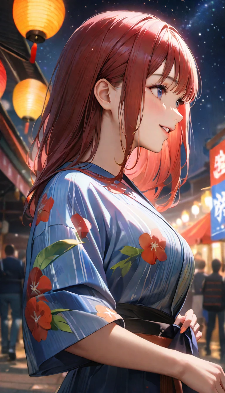 1girl,solo,super detailed skin,shiny skin,seductive look,half open eyes,eyelashes,lips gloss,pale red hair,short hair,hime cut,large breasts,floral printed yukata ,night balcony,fireworks ,cowboy shot,masterpiece,best quality,ultra detailed,high resolution,sharp focus,depth of field