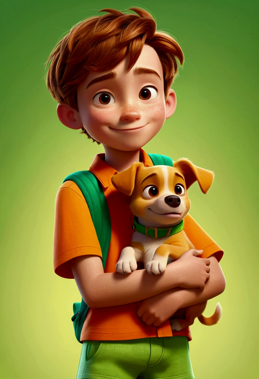 16k asymmetrical boy, Disney Pixar style, 3D, cartoon, cute, bright colors, short light brown hair, light skin, orange short-sleeved shirt, green shorts, intricate details, hugging his all-yellow puppy, all-yellow-haired puppy , happy