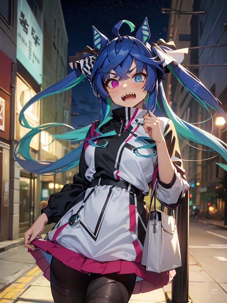 (Masterpiece, best quality, high res、highly detailed cg: 1), A very aggressive streetwalker with vulgar and unrefined manners and attire, forcefully soliciting a man. The man is a faceless background character. The scene is set on a quiet, sparsely populated street at night, with the streetwalker as the main focus. Twin_Turbo_Umamusume, aqua hair, twintails, heterochromia, purple eyes, blue eyes, sharp teeth,hores tails, nsfw, bitch, Seduction, Slutty face, 'Hey, hey, hey! You're looking for a girl to fuck anyway, aren't you?’