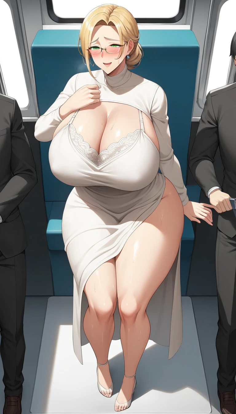 (POV from above), (Best quality: 1.5), (masterpiece: 1.5), (2.5D), (vivid colors), (1 character), (exaggerated proportions), (hentai), (perfect anatomy), ( character in center), (absurd), (4k wallpaper), (detailed eyes), (perfect hands), (perfect fingers), (beautiful skin), (glowing skin), (perfect shadows), (perfect lighting ), (full body), (beautiful eyes), (masterpiece), (voluptuous body ), (pretty face), milf adult woman, blonde hair with low and slightly disheveled ponytail, green eyes, wears glasses, wears a dress up the knee with long lace sleeves fitted at the waist and with a moderate V neckline, blushing and nervous expression, mature milf face, huge breasts, huge thighs, huge butt, voluptuous body, good proportions, she is standing on a train and a man hugs her from behind