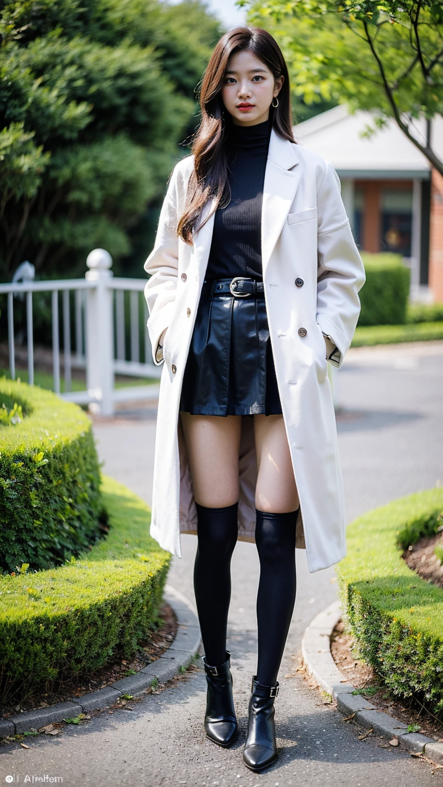 (8k、RAW Photos、Highest quality、masterpiece:1.2)、(Realistic、Realistic)、1 Girl、((Check mini skirt、long coat black、Slender legs、boots、one piece、tights、garden、View from the front、Looking at the camera、belt、Hands on your hips))、cute