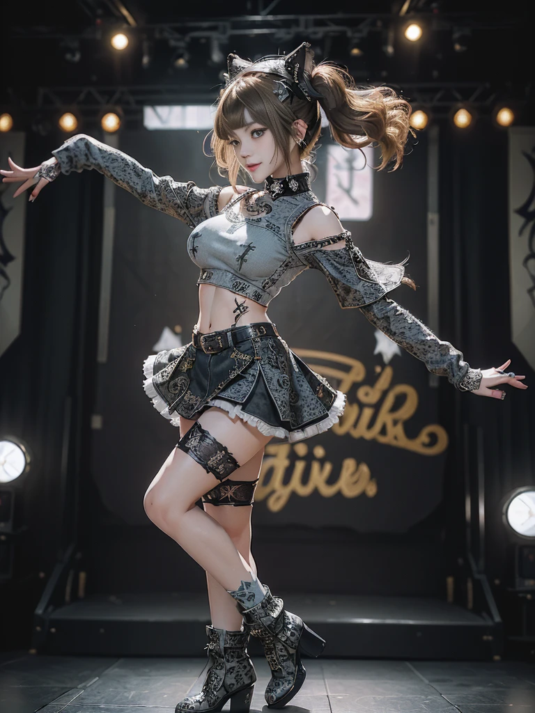 (Full Body View:1.2)、(Side view:1.2)、(Smiling with teeth showing:1.3),(Hollywood actress:1.5)、(Gothic ta style fashion:1.5)、(Punk RockVisual Kei:1.5)、(Wearing a sweater with intricate decoration:1.4)、(A mini skirt with delicate white, denim and charcoal embellishments.:1.5)、(Denim, light blue and leopard print boots:1.3)、((belt))、(Numerous intricate patterns all over the costume:1.4)、(collar:1.3)、(Leopard print underwear:1.5)、20-year-old、NSFW、((Highest quality、In 8K、masterpiece:1.3))、Sharp focus:1.2、(Layered Cut、Huge boobs:1.1),Beautiful woman with perfect figure:1.4、(Dancing vigorously:1.3)、Slender Abs:1.2、Highly detailed face and skin texture、Detailed eyes、double eyelid,(Twin tails:1.3)、(Brown-golden hair:1.3)、Gravure idol、(The background is the stage of the fashion show:1.3)、(Slim Body:1.3),(Make your legs thinner:1.4),(clavicle:1.1)