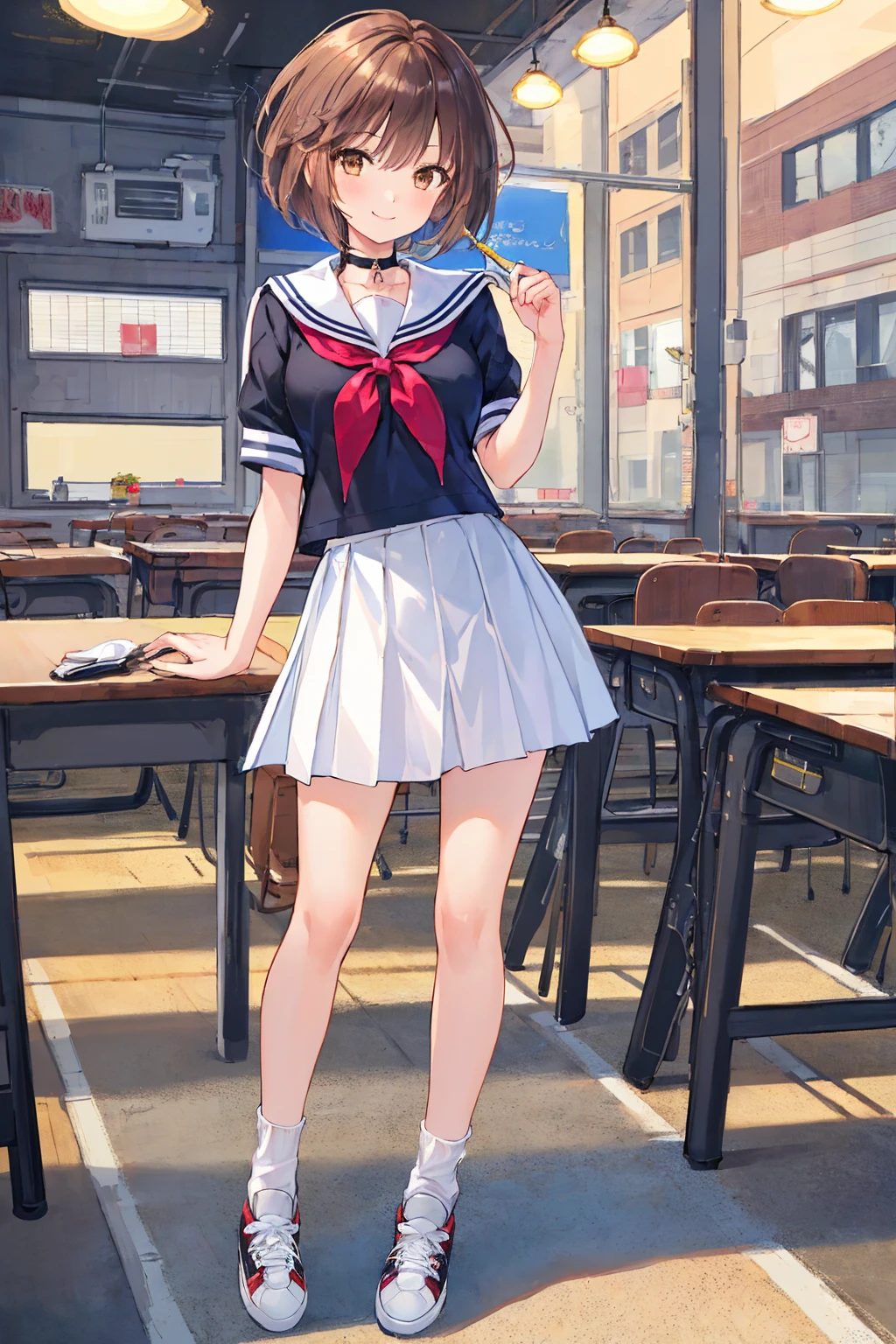 (Tabletop: 1.3),(Highest quality:1.4),Ultra-high resolution,(Detailed eyes),(Detailed facial features),(Detailed clothing features),Hmph,8k resolution, Ground Focus, bangs, Firm Skin , (Light Skin), (Slender girl),dream, (Highly detailed illustration),Check the reviews,Request a review,scenario,No text,Virtual Girl Lynn,Happy,smile,(Small breasts,Bob Hair, short hair, Brown Hair , Brown eyes, Black choker, One Girl, student, high school, white , Sailor suit, Dark red pleated skirt, socks, sneakers,