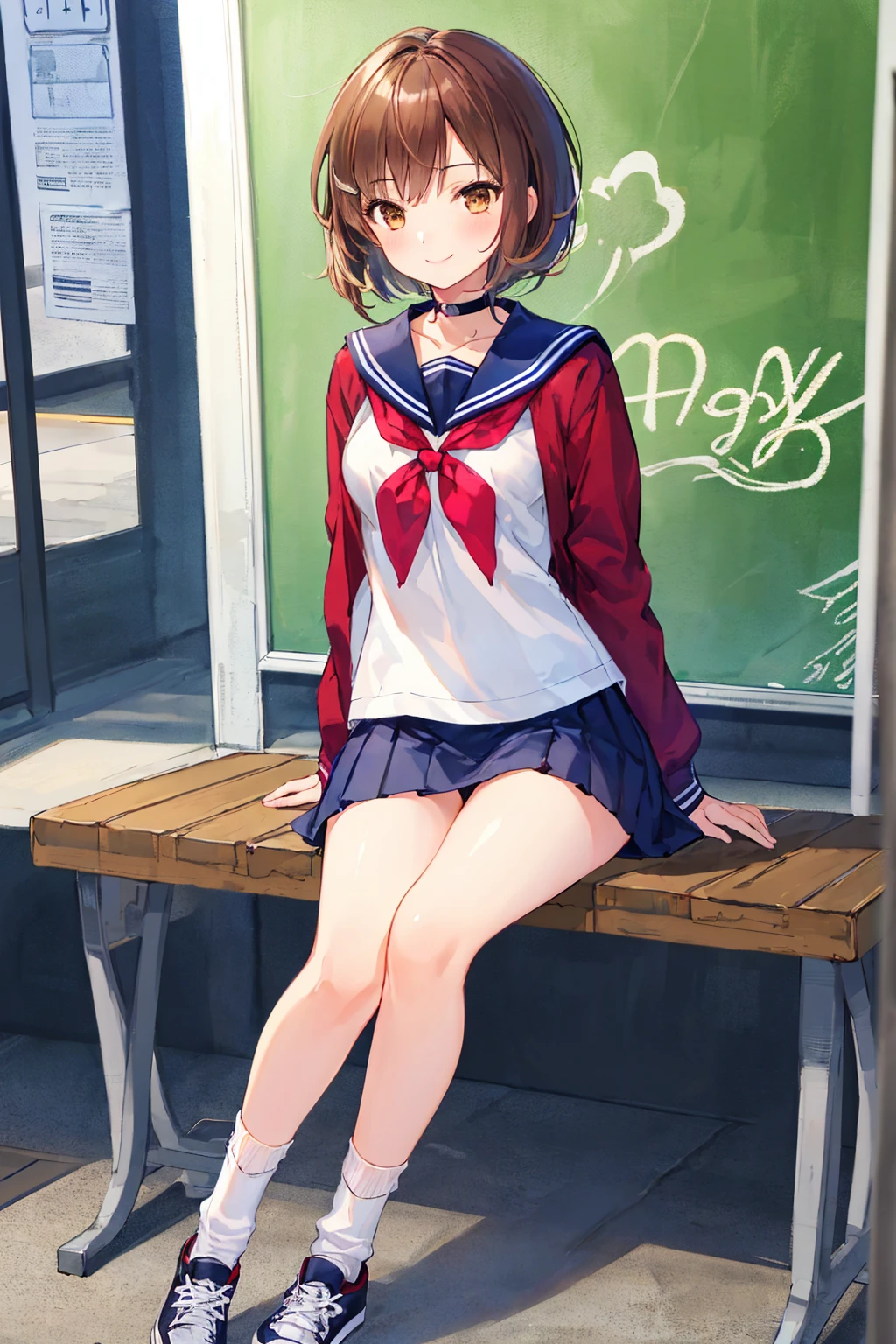 (Tabletop: 1.3),(Highest quality:1.4),Ultra-high resolution,(Detailed eyes),(Detailed facial features),(Detailed clothing features),Hmph,8k resolution, Ground Focus, bangs, Firm Skin , (Light Skin), (Slender girl),dream, (Highly detailed illustration),Check the reviews,Request a review,scenario,No text,Virtual Girl Lynn,Happy,smile,(Small breasts,Bob Hair, short hair, Brown Hair , Brown eyes, Black choker, One Girl, student, high school, white , Sailor suit, Dark red pleated skirt, socks, sneakers,