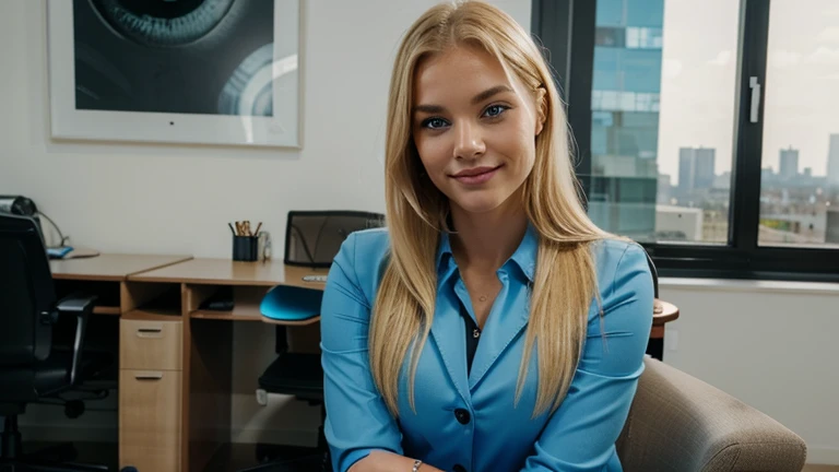 Very attractive blonde woman in an expensive business suit. blue eyes, facing the camera. In an expensive appartment. Sitting in an office chair, facing the camera. Smiling.
