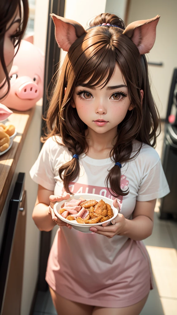 with brown hair and brown eyes has pig nose and pig ears