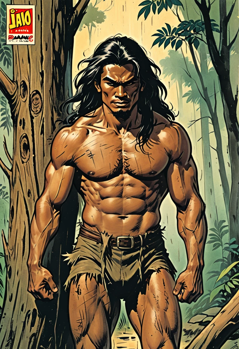 vintage comic cover, comic illustration.1990 comic title “BADANG”. a muscular Malay man wearing dirty clothes, torn, slubby. long hair. carrying large tree trunk. walking in the woods.