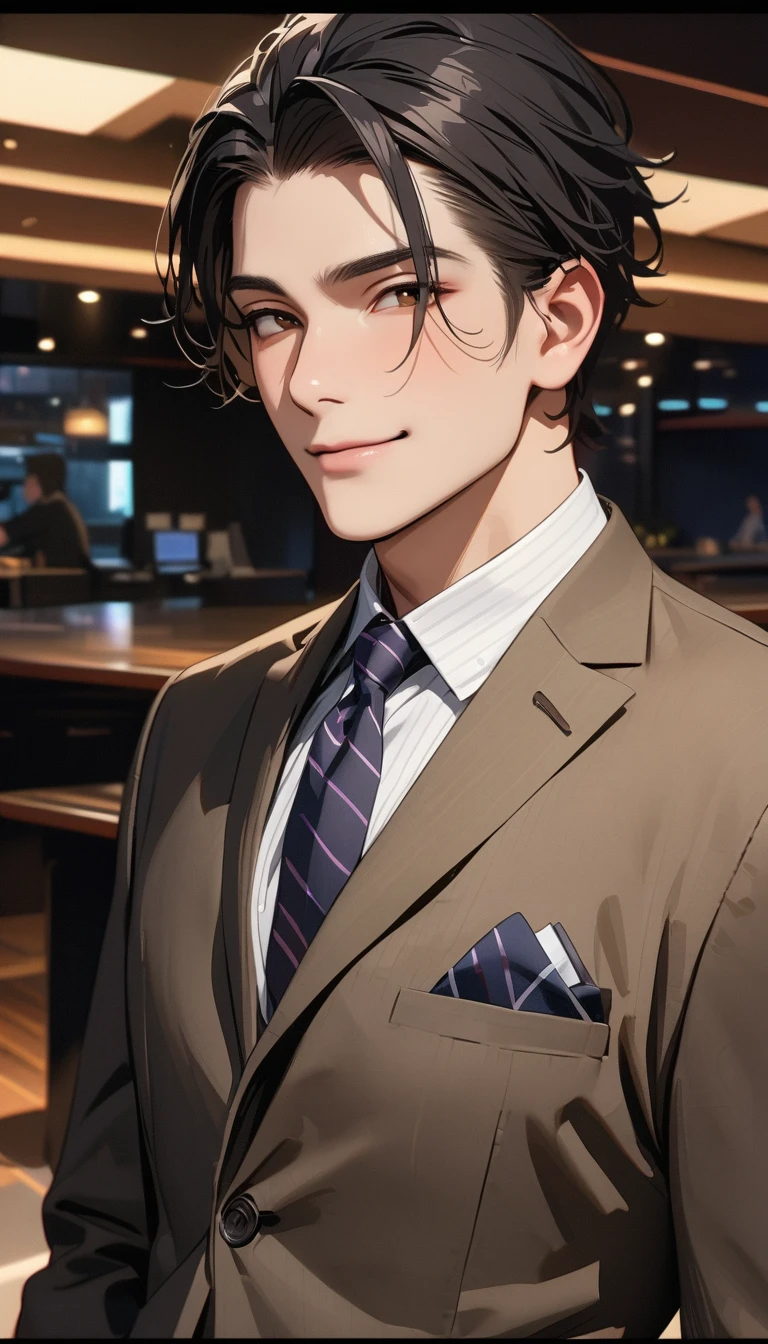 masterpiece , modern, Verism, masterpiece, super detail, best quality, 4K ,A handsome man with short black hair is wearing a charcoal gray suit. He has a kind and sincere smile.