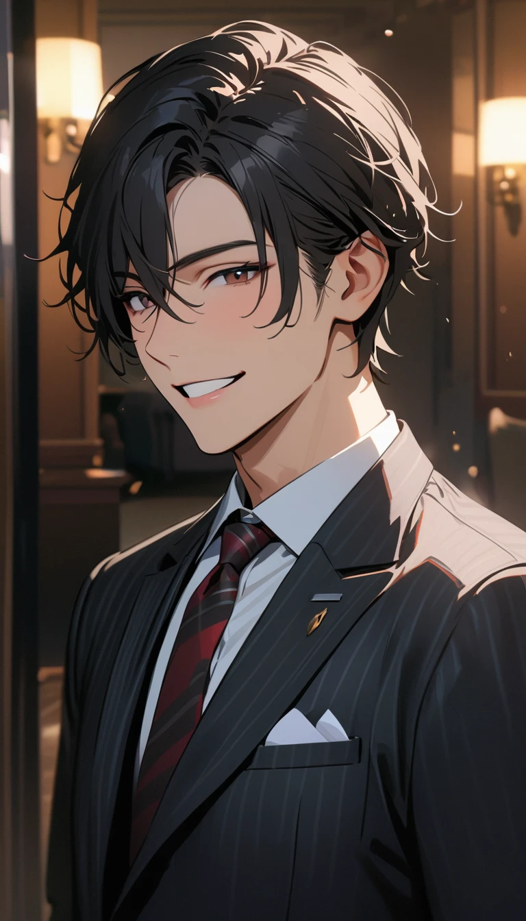 masterpiece , modern, Verism, masterpiece, super detail, best quality, 4K ,A handsome man with short black hair is wearing a charcoal gray suit. He has a kind and sincere smile.