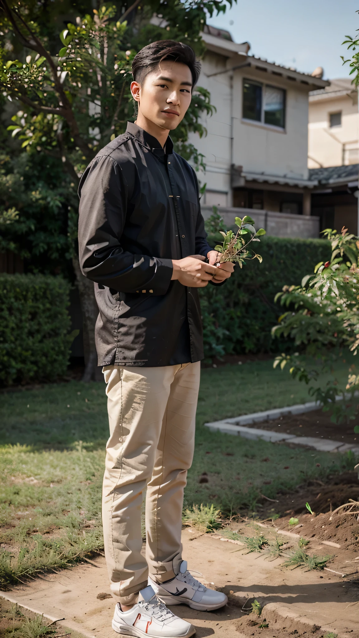 Realistic photography, 8k , handsome young chinese man , planting a tree, smirk
