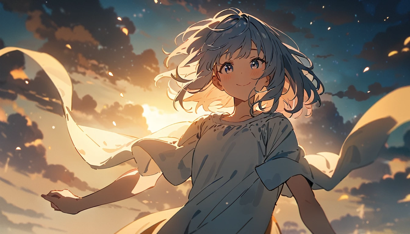 masterpiece, Highest quality, Movie stills, 1 Girl, Cloud Girl , Floating in the sky, close, bright, smile, Warm and soft lighting, Asahi, (spark:0.7)