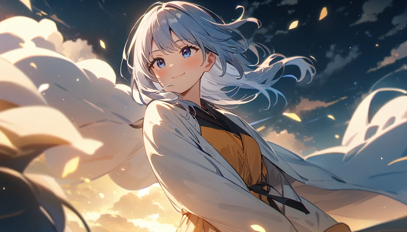 masterpiece, Highest quality, Movie stills, 1 Girl, Cloud Girl , Floating in the sky, close, bright, smile, Warm and soft lighting, Asahi, (spark:0.7)