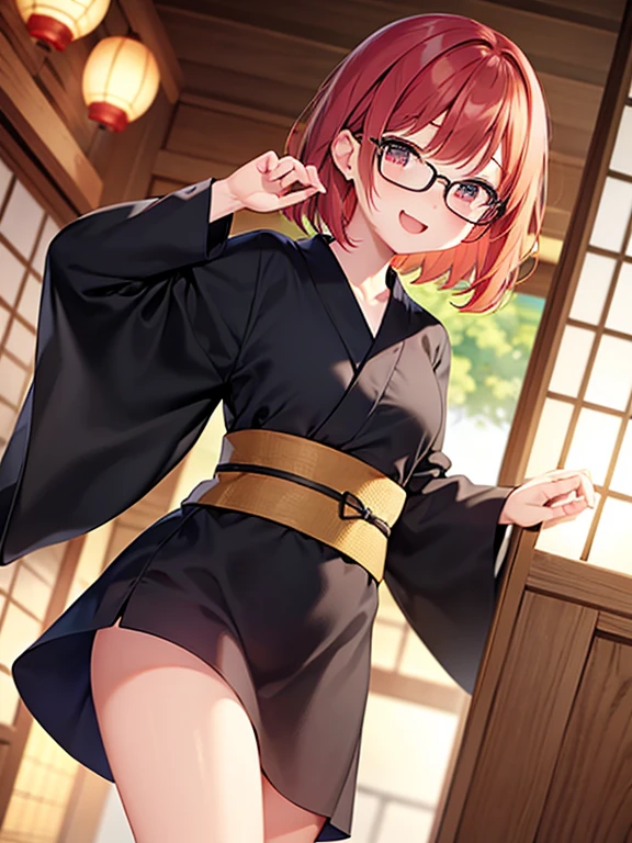 cute、Redhead、short hair、Japanese、Staring at this、Fleeting、masterpiece、Vivid、Black yukata、Laughter、kind、turn around，summer，hair ornaments，Glasses