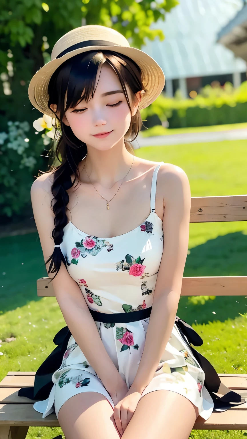 masterpiece, Highest quality, View your viewers,
One girl, alone, smile, Sitting, Have, Shoulder cutouts, Braiding, dress, Brown Hair, (close your eyes:1.1), twin Braidings, blush, Long Hair, bench, Grin, Grass, white dress, jewelry, Clothing cutouts, bangs, necklace, Floral print, Blurred, hand Between the legs, Blurred background, Between the legs, bow, In-person audience, chest, Exposing shoulders, sun Have, straw Have, Day, clavicle, hair bow, Short sleeve, The legs are detached from the frame, ribbon, Brown hat, on bench, Depth of written boundary, park bench, ^_^, Hair that falls over the shoulders,
Day, null, Flower Field, petal,