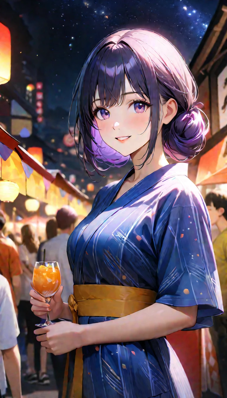 8K,((Highest quality)),((high-res)),((ultra detailed face)),night,She is drinking something in a bar ,outside ,chignon,forehead,dark hair,milkyway,she wears big lily pattern yukata with white obi,hair accessary,((big smiling)),make up,coral pink lips