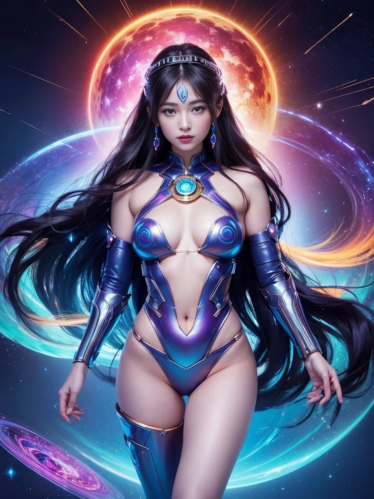 masterpiece、top-quality、8K、detaileds、Detailed face and skin、hight resolution、perfect anatomia、physically-based renderingt、Photorealsitic、1 person woman、20yr old、FULL BODYSHOT、Long Wave Hair、accurate anatomy, Woman in bodysuit with glowing body and colorful swirls, psychedelic goddess, goddess of universe, colorfull digital fantasy art, cyborg goddess in cosmos, 3 d neon art of a womens body, colorful aura, psytrance artwork, Goddes of the Galaxy, astral appearance, goddess of space and time, astral ethereal, Portrait of the Goddess of the Universe, fantasy digital art,