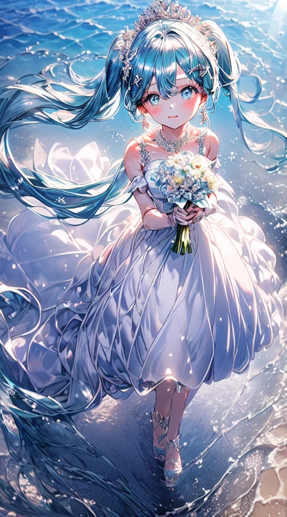 1 adult woman, Hatsune miku modeling at a beach resort setting, adorned in a form fitting satin a line wedding dress  Crowning her head is a tiara and a veil while diamond earrings and necklace sparkle in contrast with the white satin of her elbow-length opera gloves, anime 4k, hd, detailed, perfect anatomy, perfect hands, perfect face, twintails, (masterpiece), best quality, expressive eyes, perfect face, holding bouquet 
flowers,, (masterpiece, high quality, best quality:1.3)