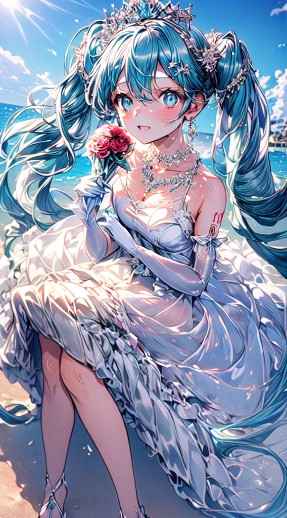 1 adult woman, Hatsune miku modeling at a beach resort setting, adorned in a form fitting satin a line wedding dress Crowning her head is a tiara and a veil while diamond earrings and necklace sparkle in contrast with the white satin of her elbow-length opera gloves, anime 4k, hd, detailed, perfect anatomy, perfect hands, perfect face, twintails, (masterpiece), best quality, expressive eyes, perfect face, holding bouquet
flowers,, (masterpiece, high quality, best quality:1.3)