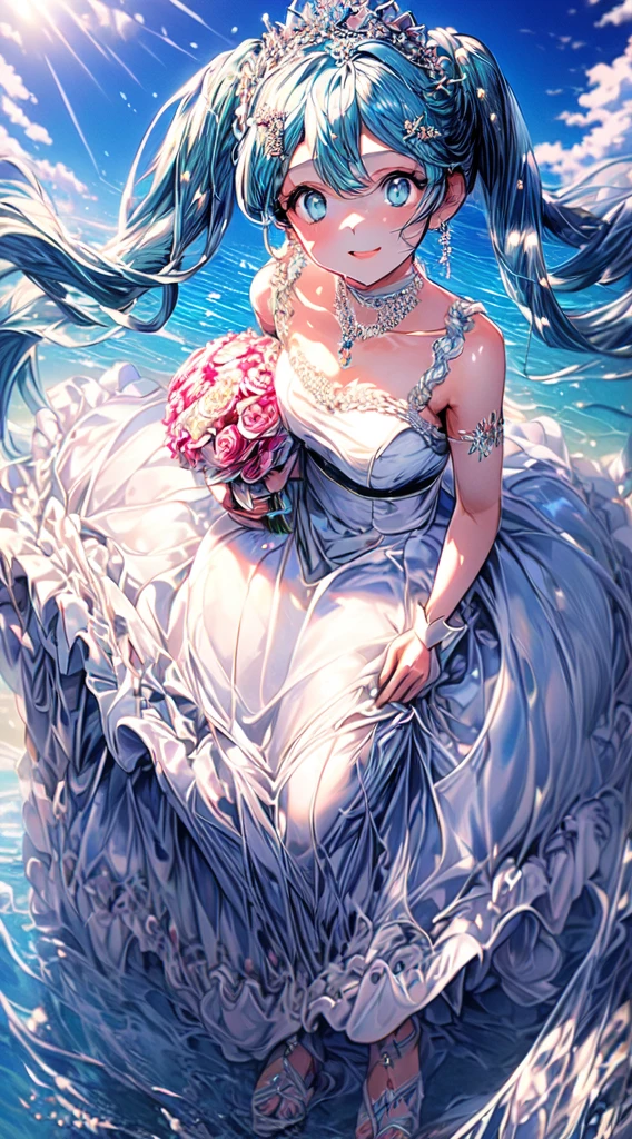 1girl,solo,cute,big smile,wedding dress,under wear,cleavage,have a bouquet,gorgeous,vivid color,brilliant,pink,silver,blue