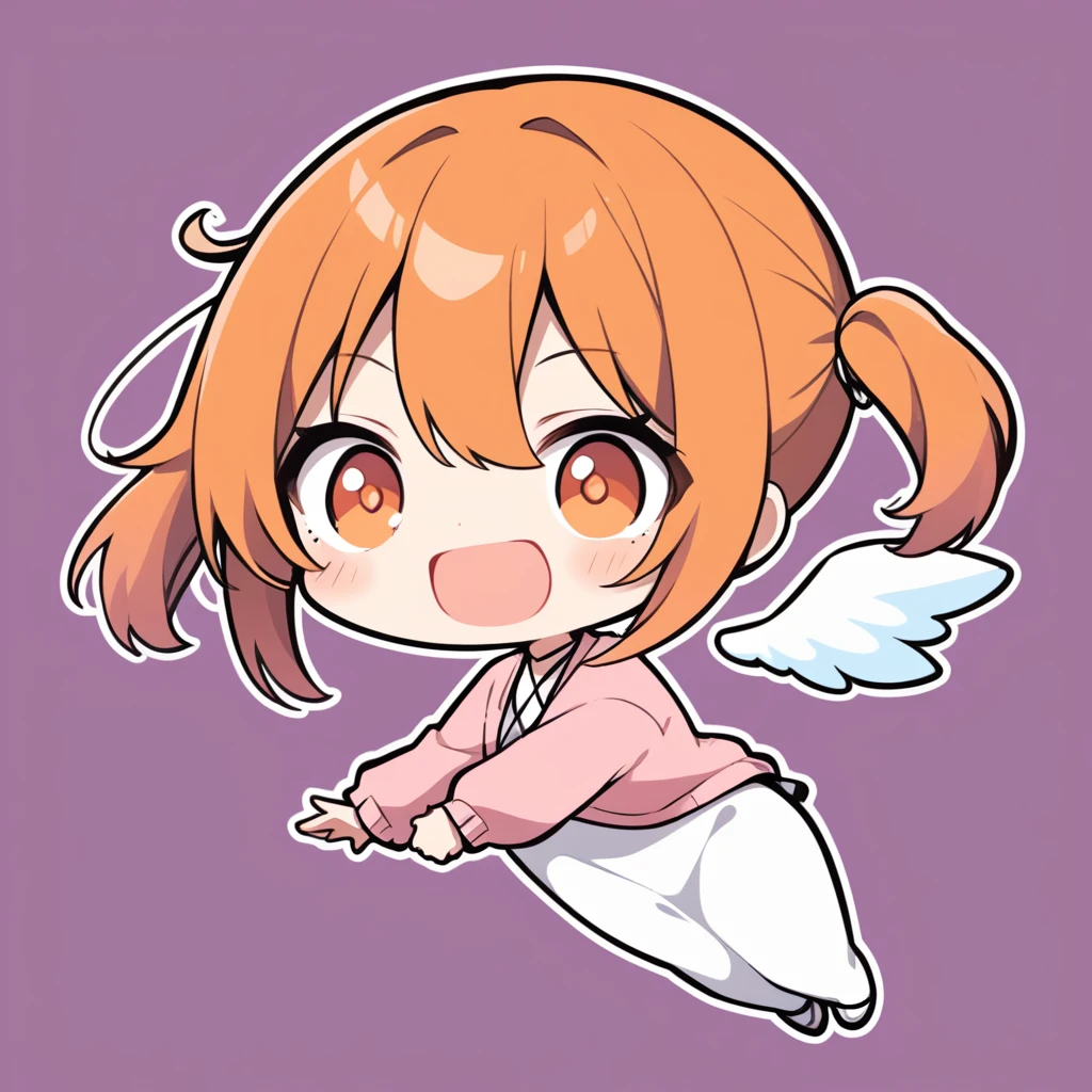 orange hair, orange eyes,girl,Pigtails with the ends tied up,laugh, Chibi, little witch, 1 woman,halterneck,White dress,pink cardigan,panties,Angel Wings