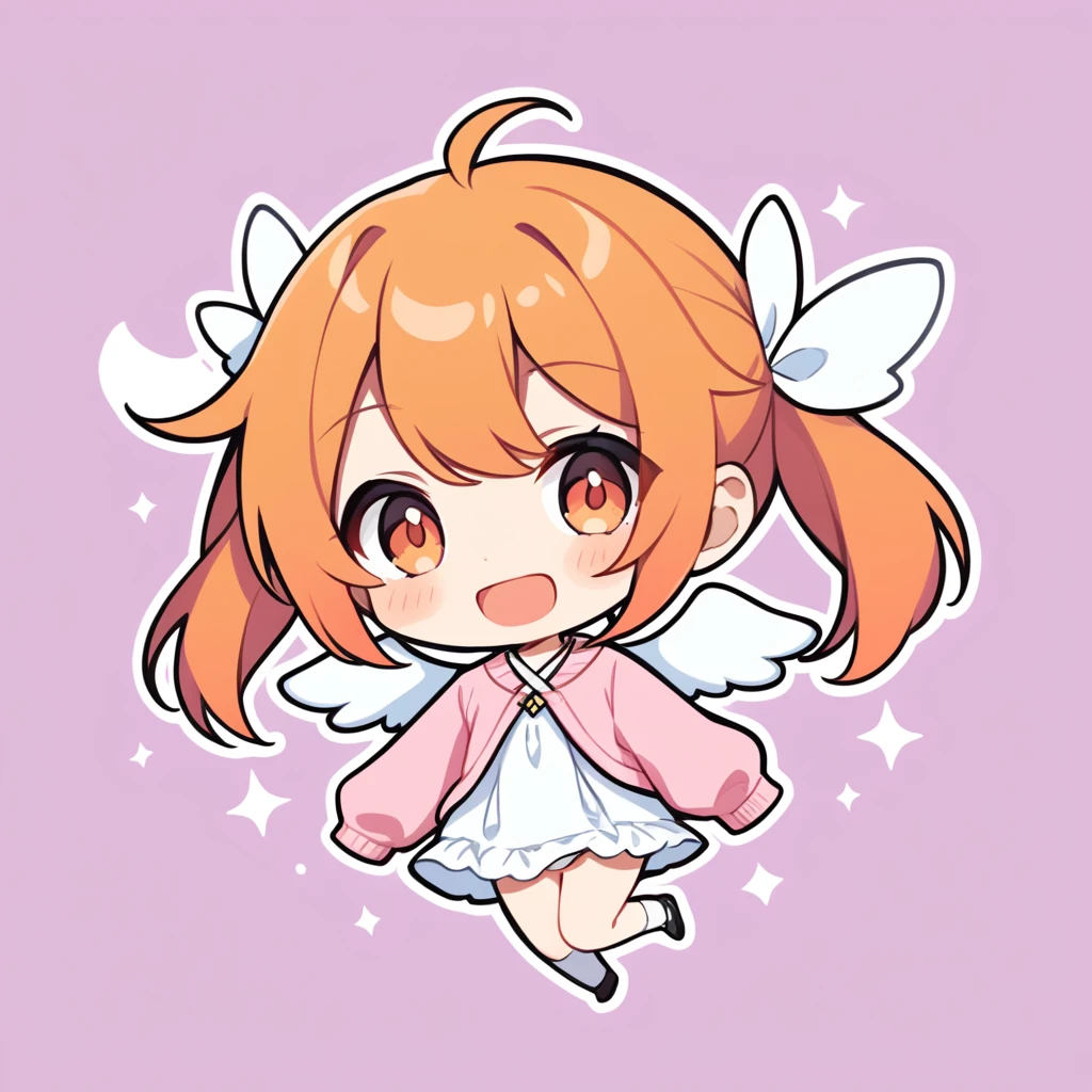 orange hair, orange eyes,girl,Pigtails with the ends tied up,laugh, Chibi, little witch, 1 woman,halterneck,White dress,pink cardigan,panties,Angel Wings