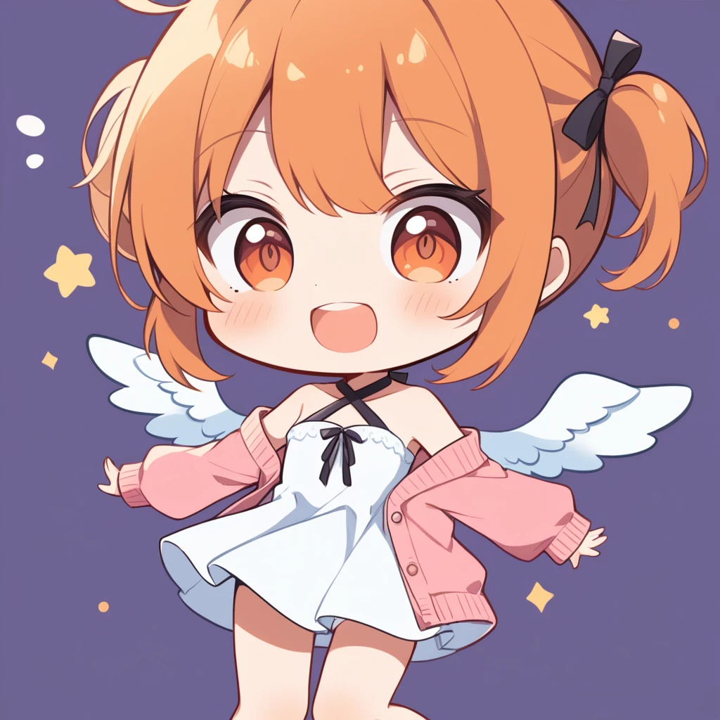 orange hair, orange eyes,girl,Pigtails with the ends tied up,laugh, Chibi, little witch, 1 woman,halterneck,White dress,pink cardigan,panties,Angel Wings