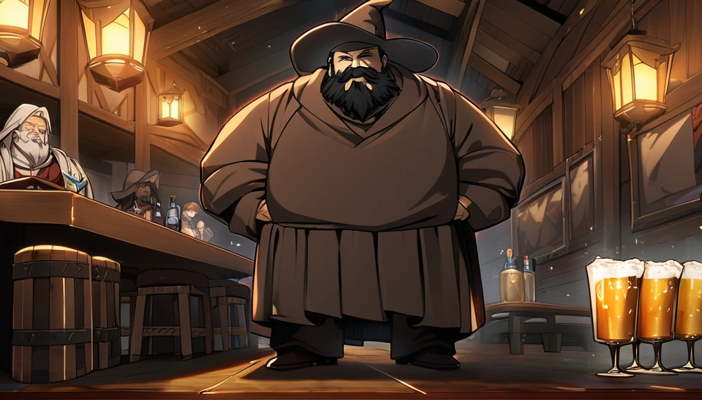 (Anime Infinite Stratus Art, 8k, ultra full high definition, epic quality, epic texture). The {{char}} is the focus of the scene, he is a man, he is 31 years old, he is a wizard, he is bald, he has a long black beard, brown eyes, white skin, he is muscular and short, wide chest, medium waist, wide hips, strong legs, he wears a wizard's robe, wizard's clothes, a pointy wizard's hat, he is drinking beer, apparently he is very drunk and happy, people love him. The setting is a large RPG-style medieval tavern, very detailed, full of people (men and women, from different RPG classes) drinking and partying in the surroundings with {{char}}. The atmosphere is happy, celebratory and a lot of fun.