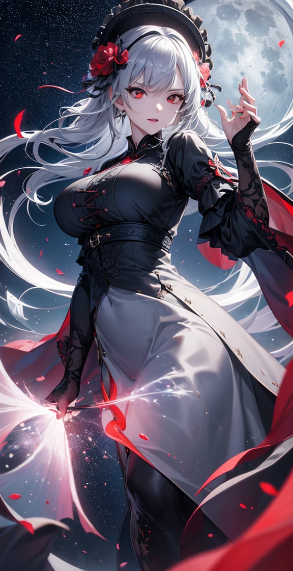 masterpiece, high quality, 4K, Beautiful design, silhouette，Gray Hair， 非常に詳細な夜のStarry Sky,Flower Field， wonderful, Finer details,  Very knowledgeable woman, Highly detailed solo, 1 female,Red eyes，Big Breasts，Blue Gothic Lolita Fashion，Night view，Starry Sky，Red full moon，