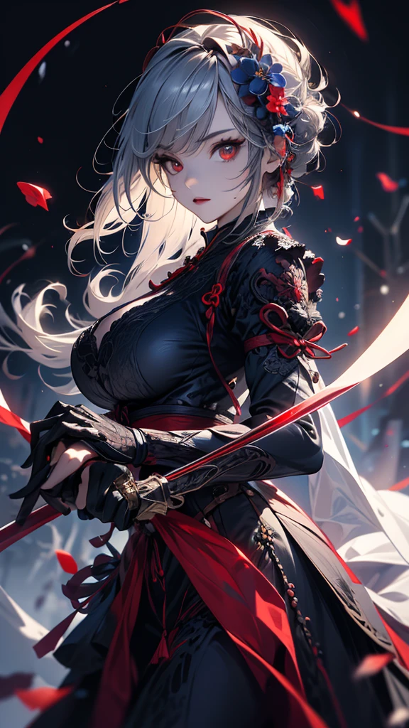 masterpiece, high quality, 4K, Beautiful design, silhouette,Gray Hair, 非常に詳細な夜のStarry Sky,Flower Field, wonderful, Finer details, Very knowledgeable woman, Highly detailed solo, 1 female,Red eyes,Big Breasts,Blue Gothic ta Fashion,Night view,Starry Sky,Red full moon,