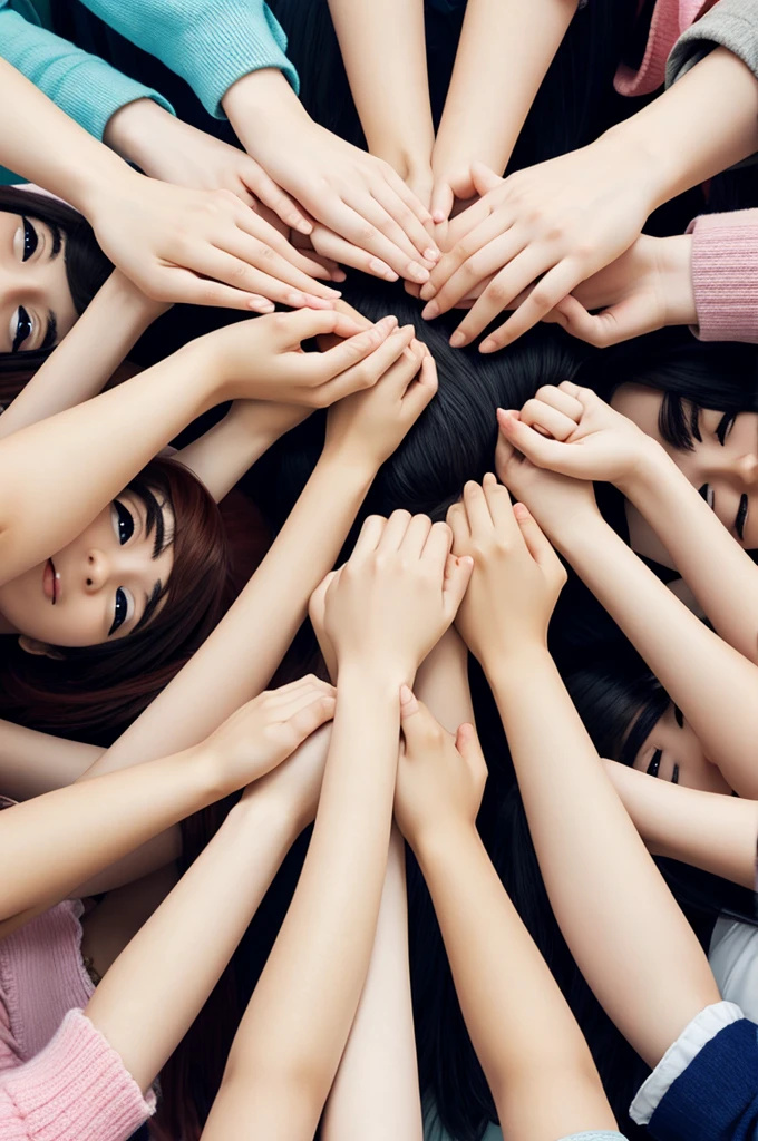 Group of five anime girls stacking hands together