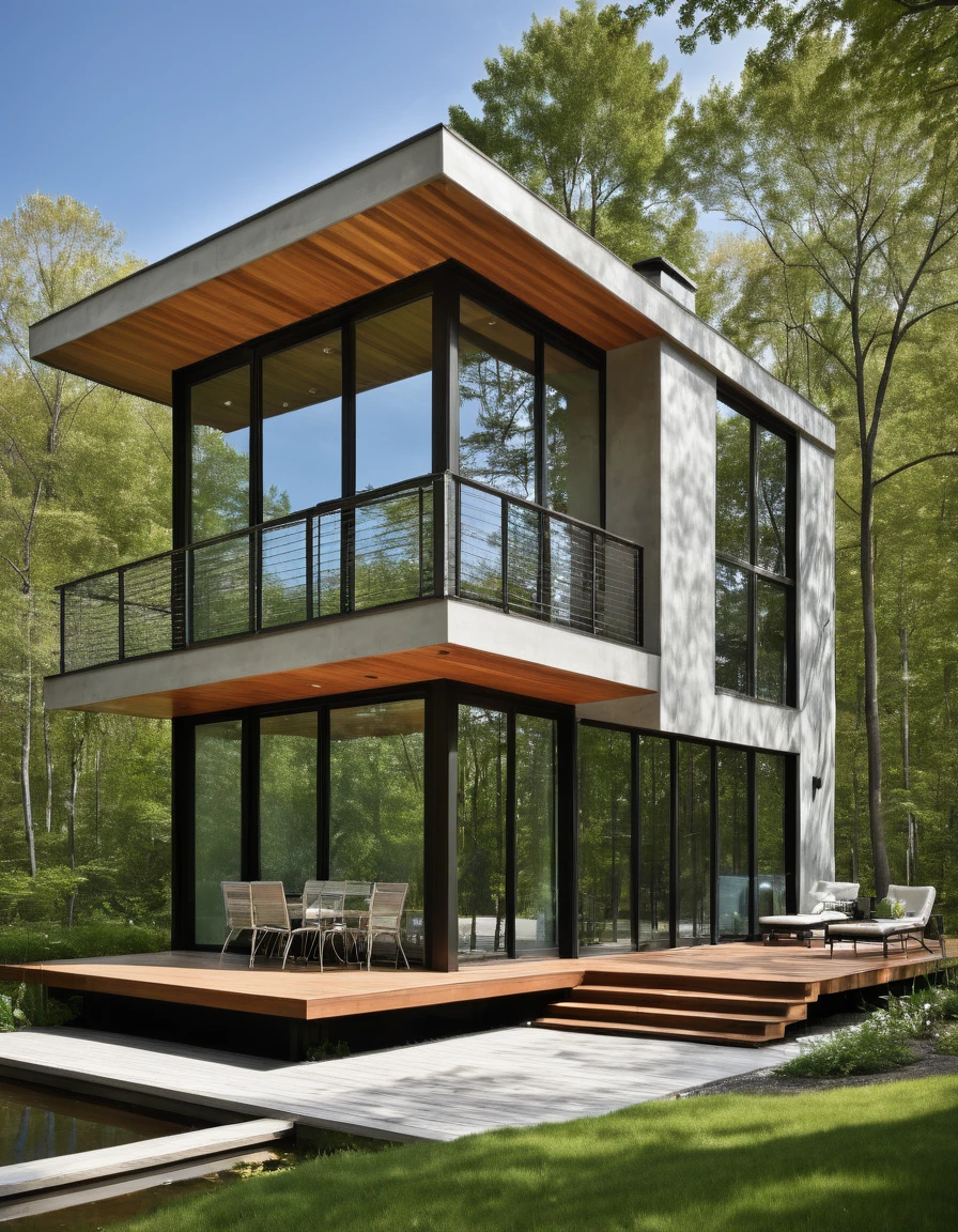 Imagine a contemporary home, where steel, wood and light gray concrete harmonize perfectly. Brise soleil style windows, allowing natural light to dance through the space while maintaining privacy. From the spacious deck, the view opens up to a large, serene lake, reflecting the blue sky and surrounding trees. It's a spring afternoon, the gentle breeze carries the scent of flowers and the peaceful sound of water. The space is welcoming and relaxing, ideal for enjoying a good book or a coffee, in complete harmony with nature. Photography, Hyperrealism style
